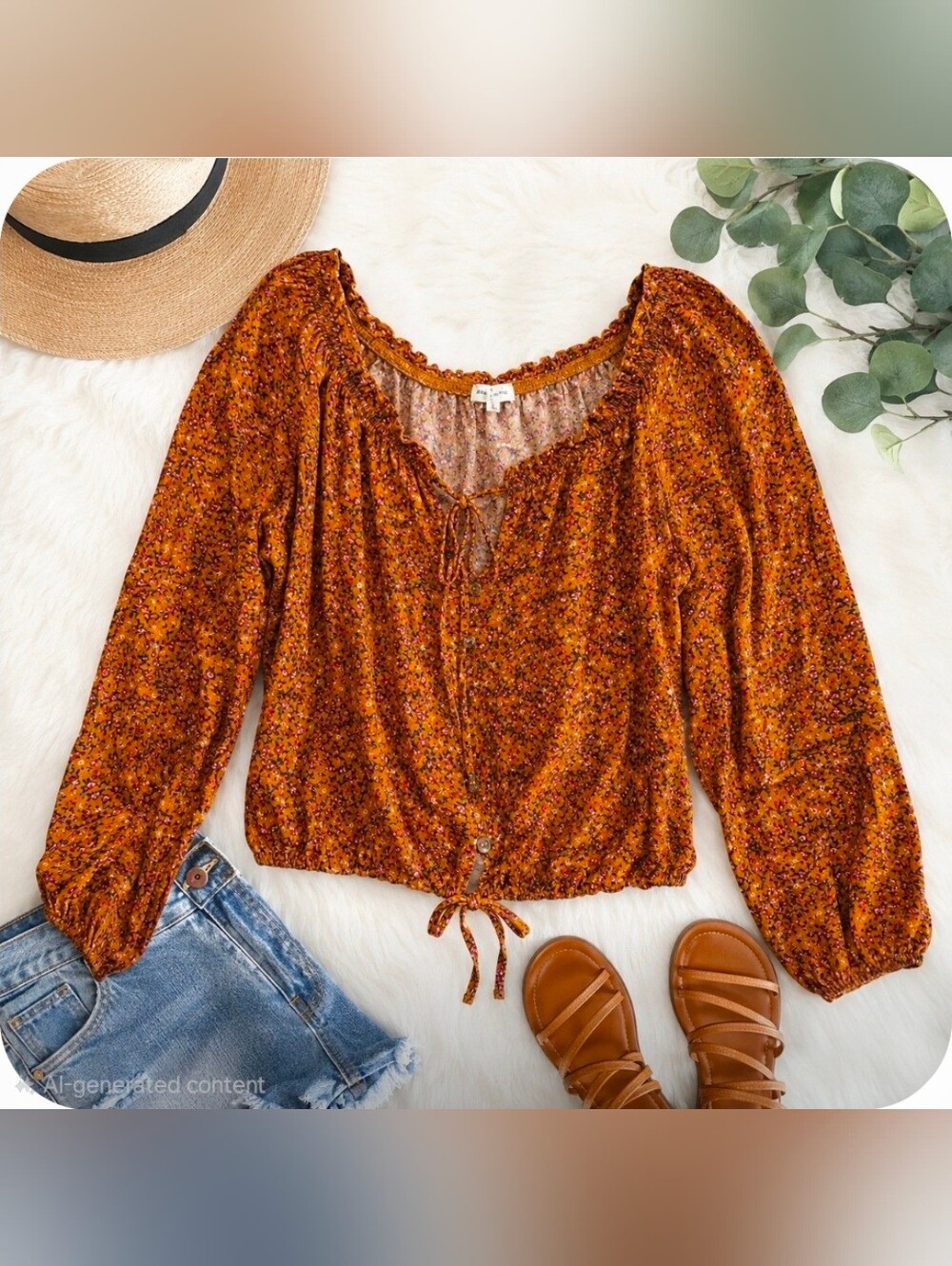 Boho Floral Peasant Blouse – Mustard Orange | Long Sleeve Tie Front Top